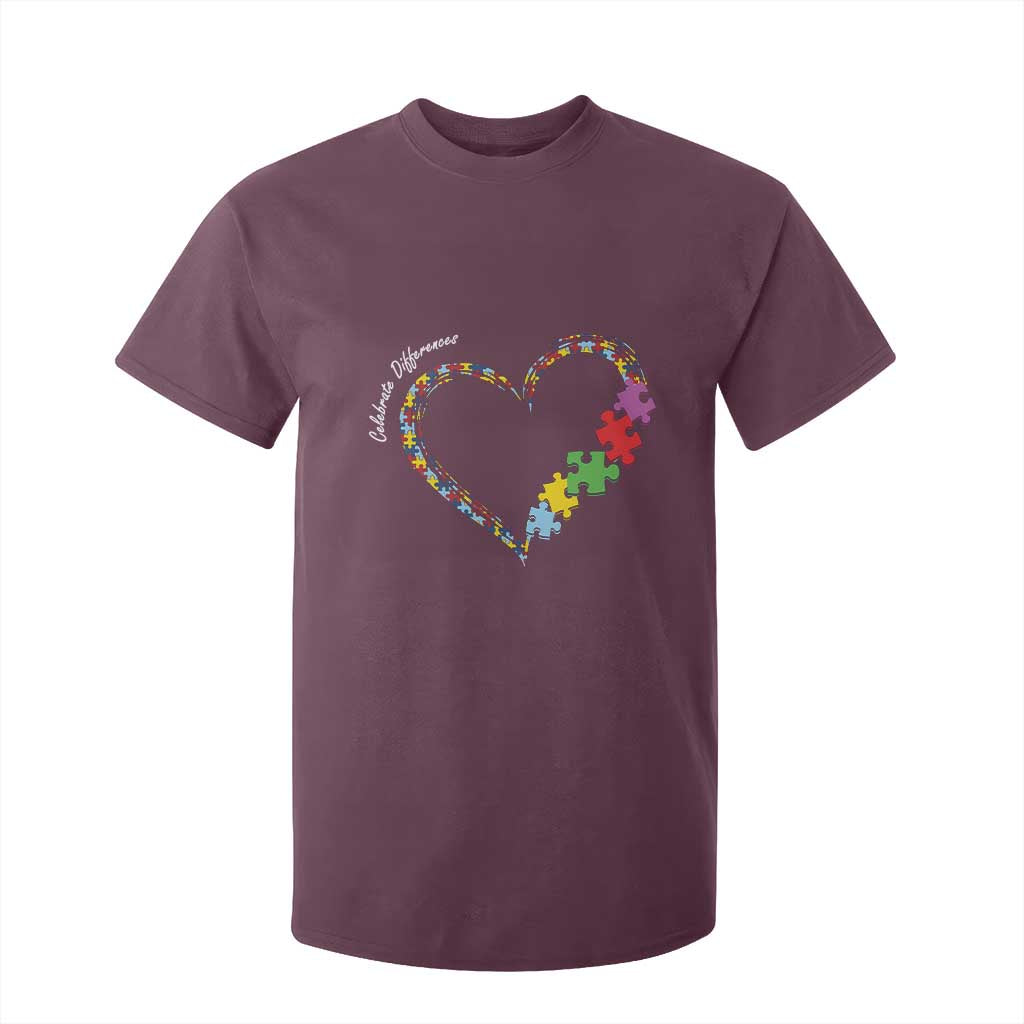 Autism Support Celebrate Differences T Shirt For Kid Love Heart Puzzle Pieces