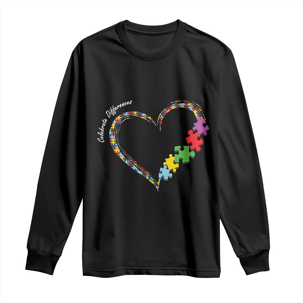 Autism Support Celebrate Differences Long Sleeve Shirt Love Heart Puzzle Pieces