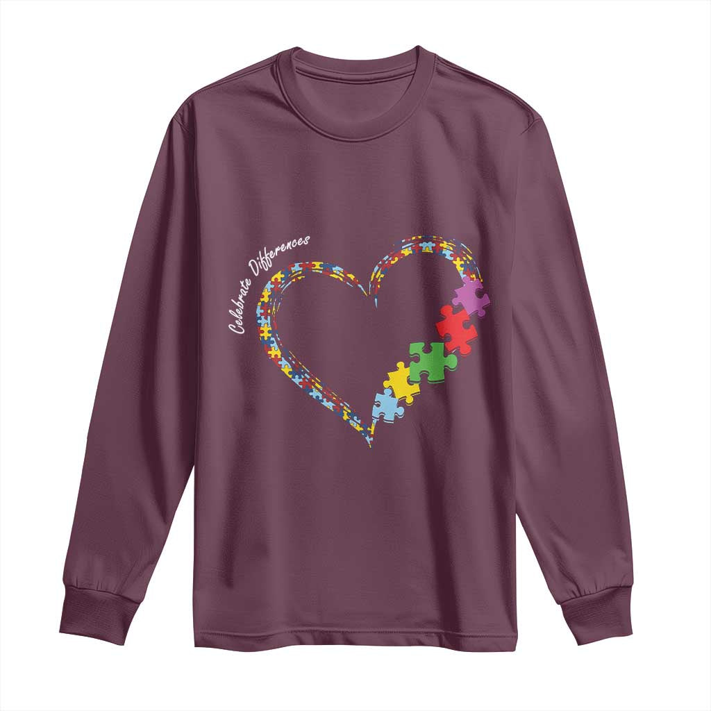 Autism Support Celebrate Differences Long Sleeve Shirt Love Heart Puzzle Pieces
