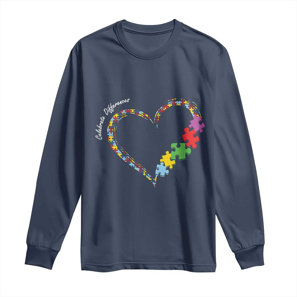 Autism Support Celebrate Differences Long Sleeve Shirt Love Heart Puzzle Pieces