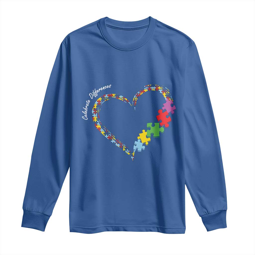 Autism Support Celebrate Differences Long Sleeve Shirt Love Heart Puzzle Pieces