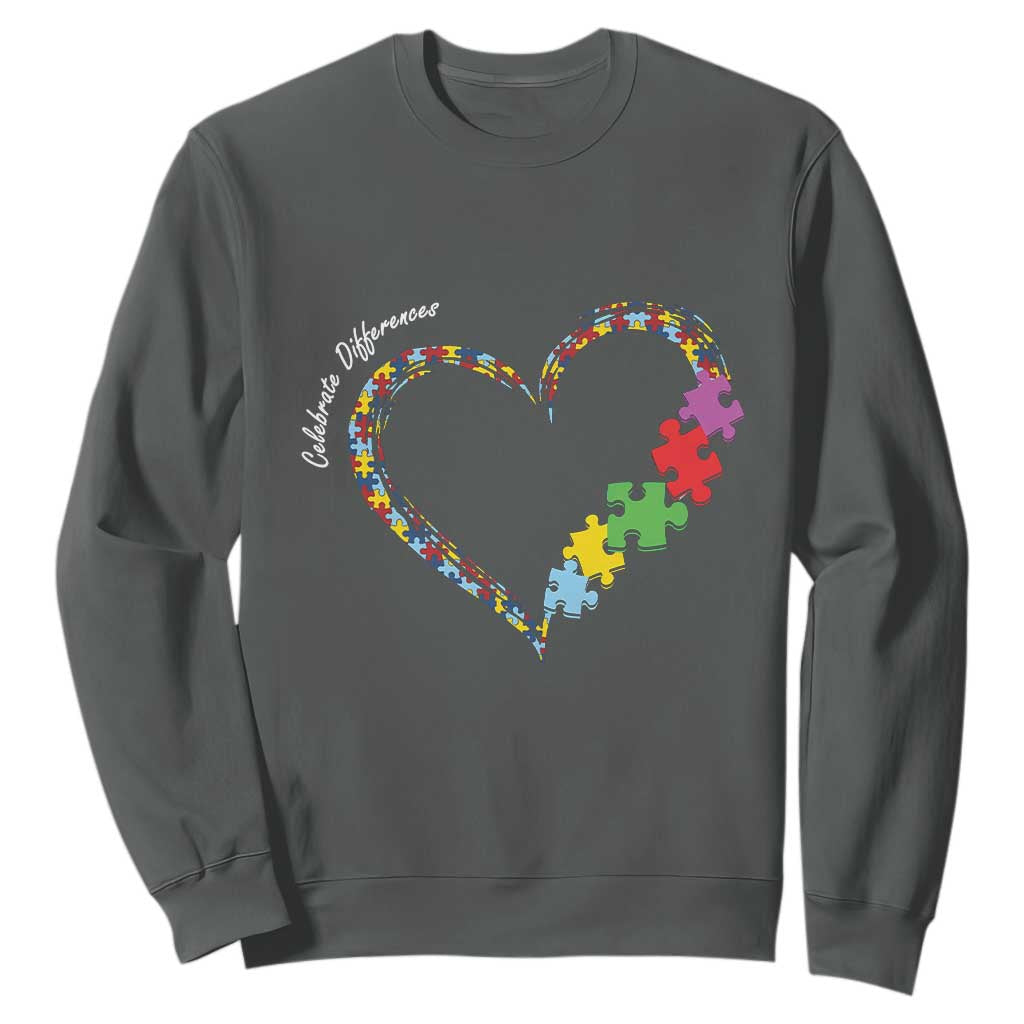 Autism Support Celebrate Differences Sweatshirt Love Heart Puzzle Pieces
