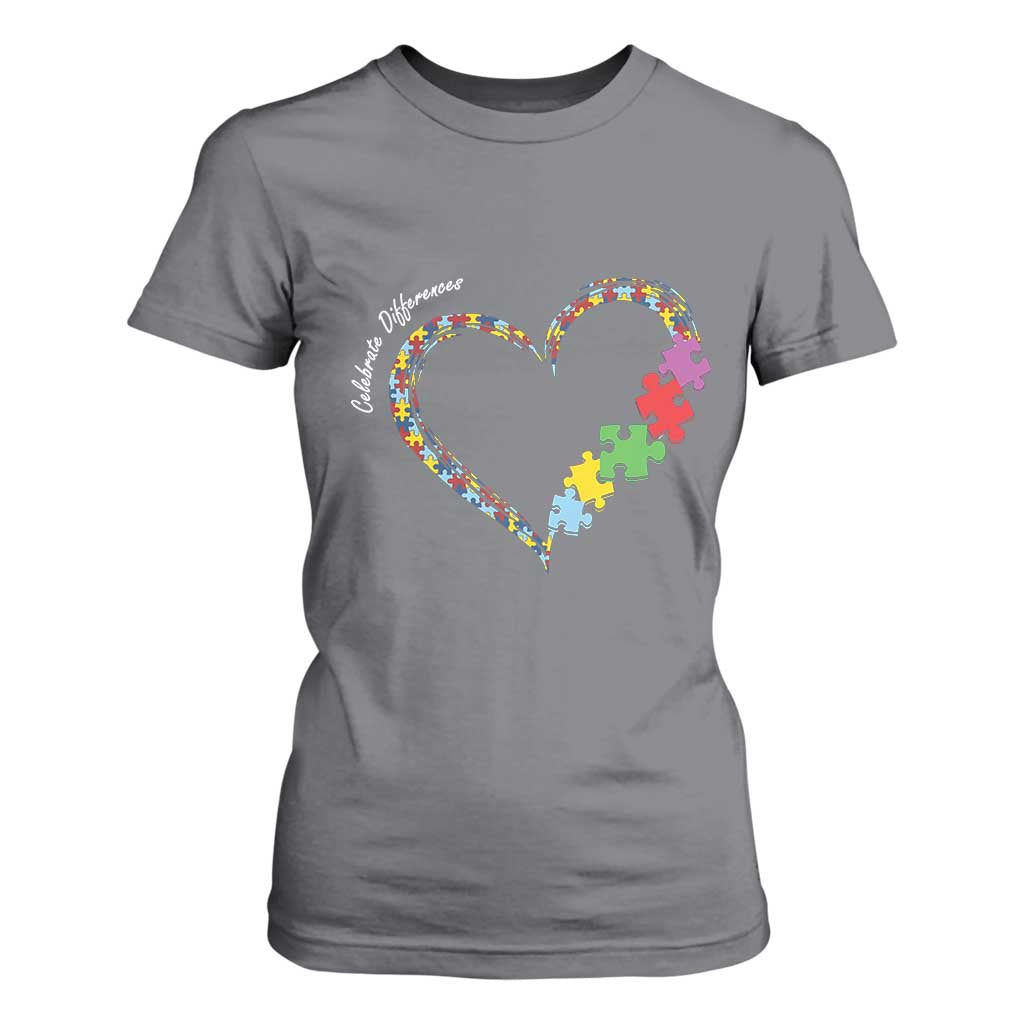 Autism Support Celebrate Differences T Shirt For Women Love Heart Puzzle Pieces