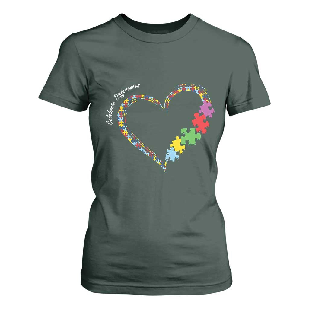 Autism Support Celebrate Differences T Shirt For Women Love Heart Puzzle Pieces