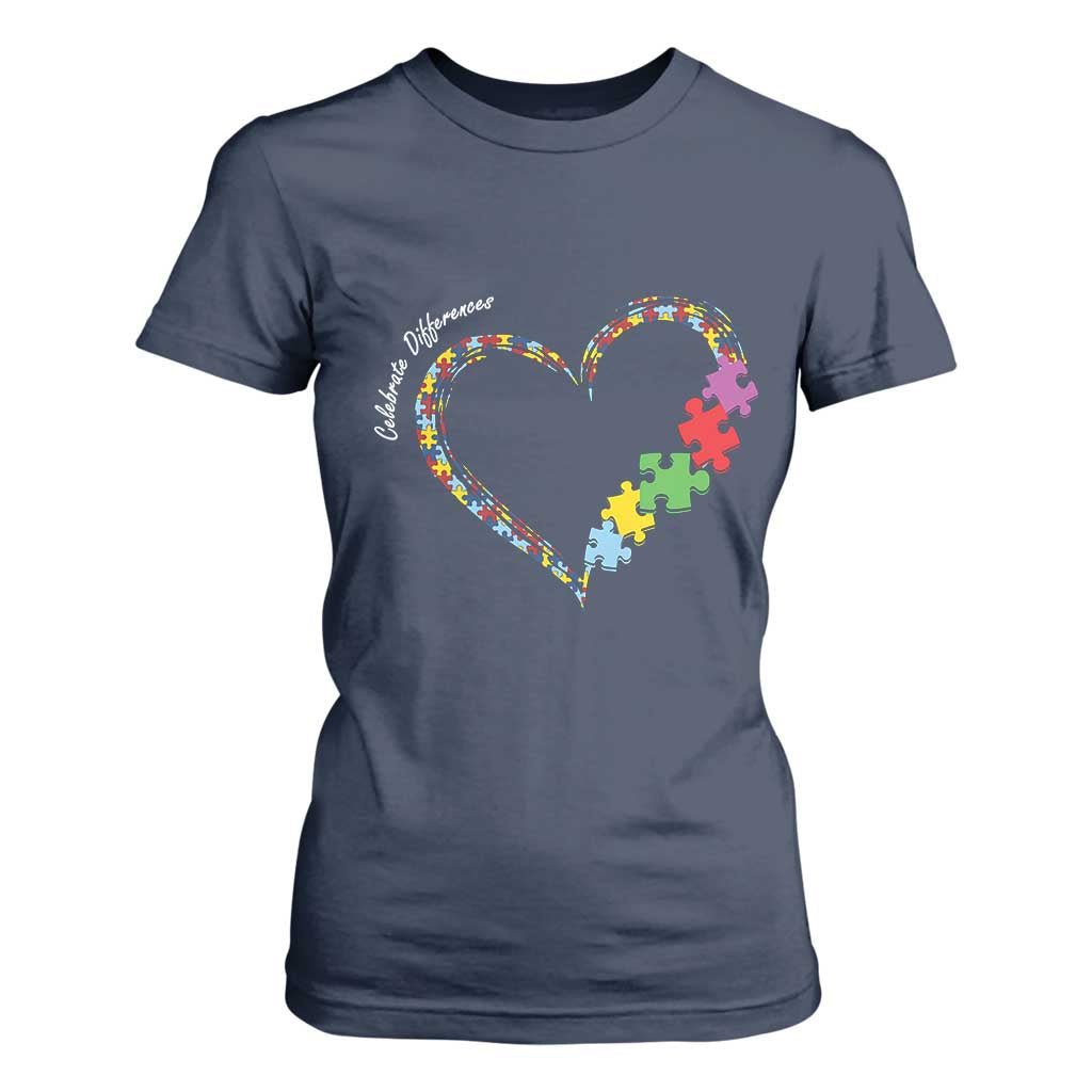 Autism Support Celebrate Differences T Shirt For Women Love Heart Puzzle Pieces