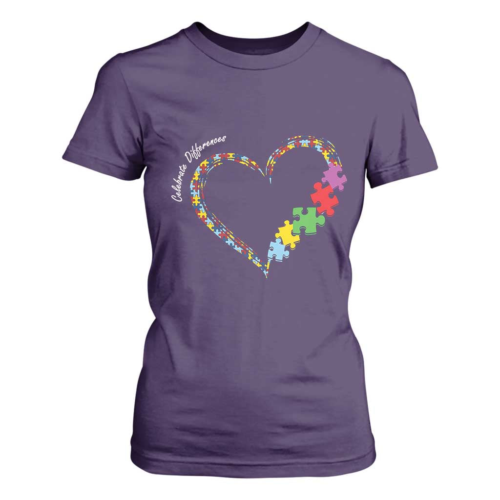 Autism Support Celebrate Differences T Shirt For Women Love Heart Puzzle Pieces