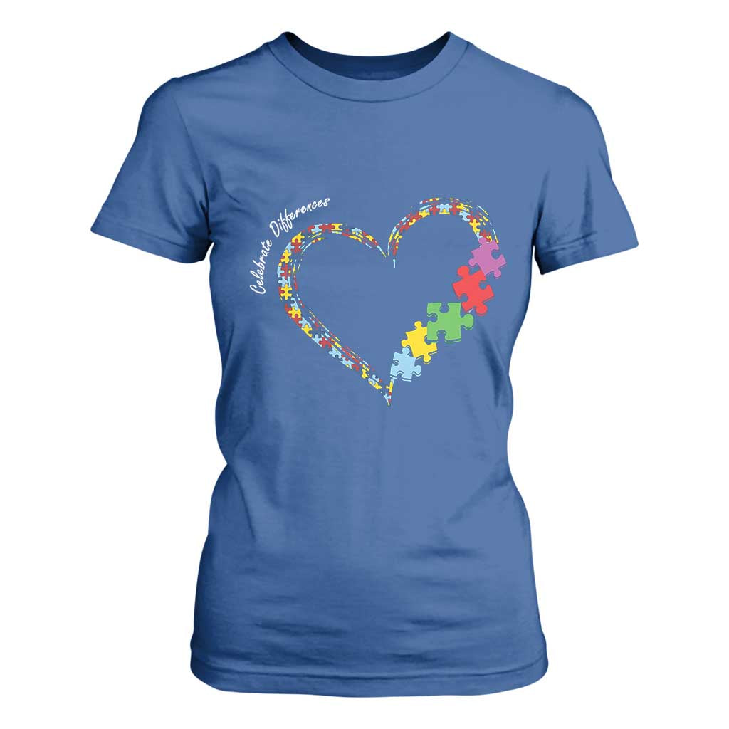 Autism Support Celebrate Differences T Shirt For Women Love Heart Puzzle Pieces