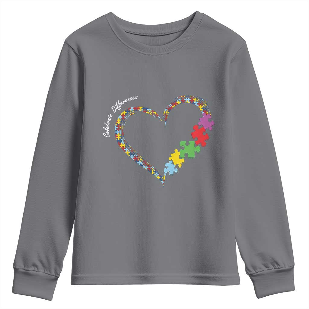 Autism Support Celebrate Differences Youth Sweatshirt Love Heart Puzzle Pieces