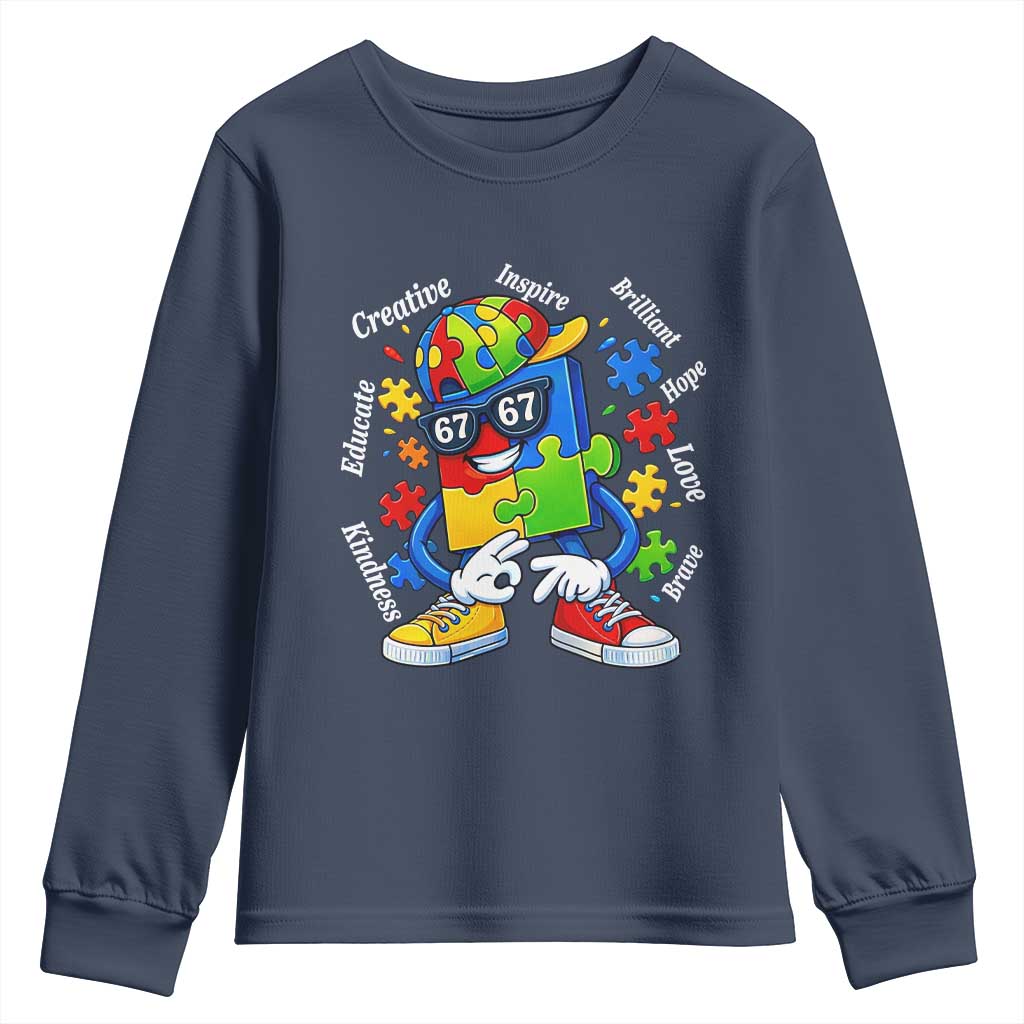 Funny 67 Autism Awareness Youth Sweatshirt Six Seven Puzzle Meme Creative Brilliant Hope Love Kindness