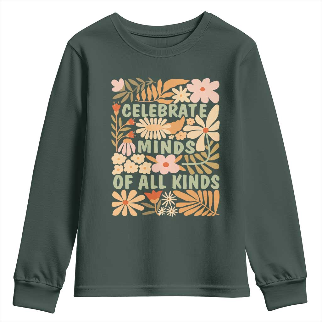 Celebrate Minds Of All Kinds Youth Sweatshirt Autism Support Inspirational Quote Flowers