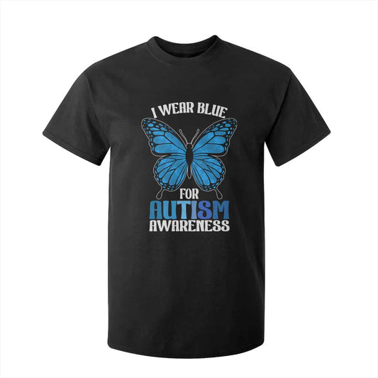 I Wear Blue For Autism Support T Shirt For Kid Blue Butterfly Puzzle Pieces