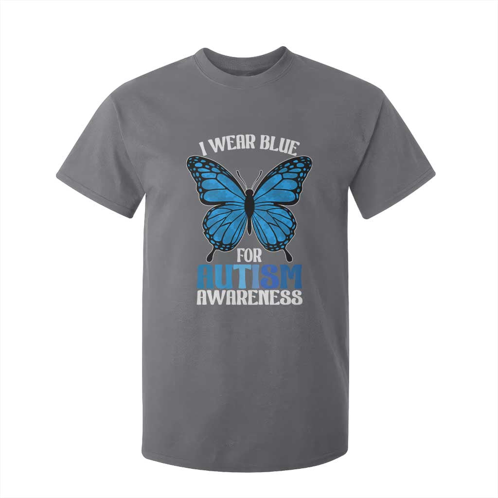 I Wear Blue For Autism Support T Shirt For Kid Blue Butterfly Puzzle Pieces