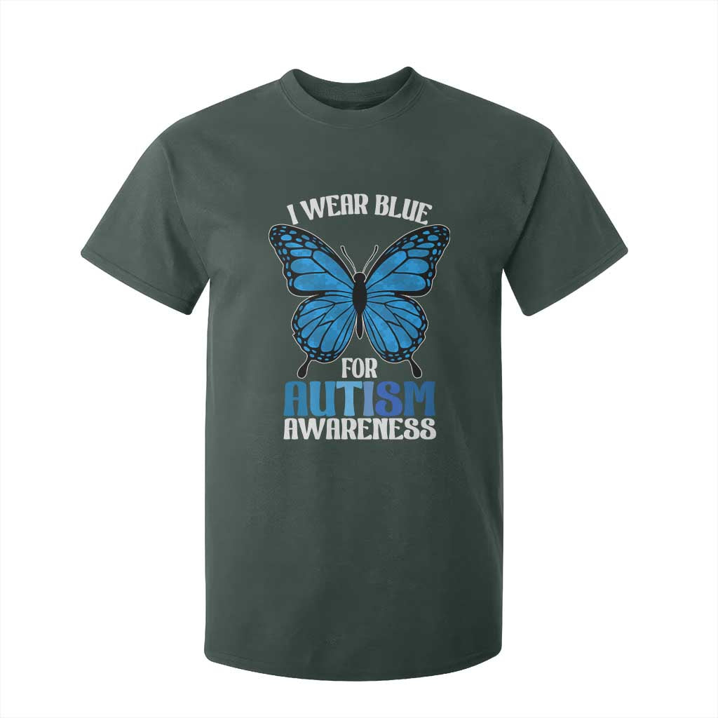 I Wear Blue For Autism Support T Shirt For Kid Blue Butterfly Puzzle Pieces
