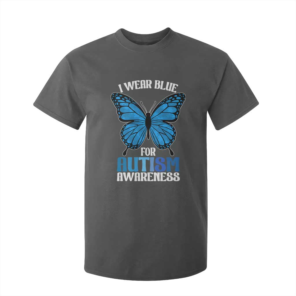 I Wear Blue For Autism Support T Shirt For Kid Blue Butterfly Puzzle Pieces