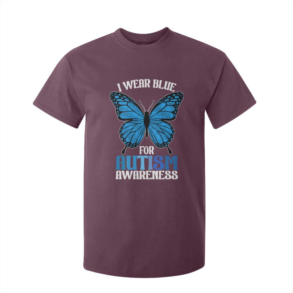 I Wear Blue For Autism Support T Shirt For Kid Blue Butterfly Puzzle Pieces