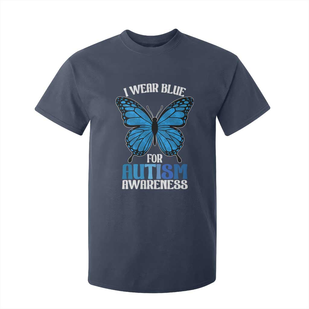 I Wear Blue For Autism Support T Shirt For Kid Blue Butterfly Puzzle Pieces