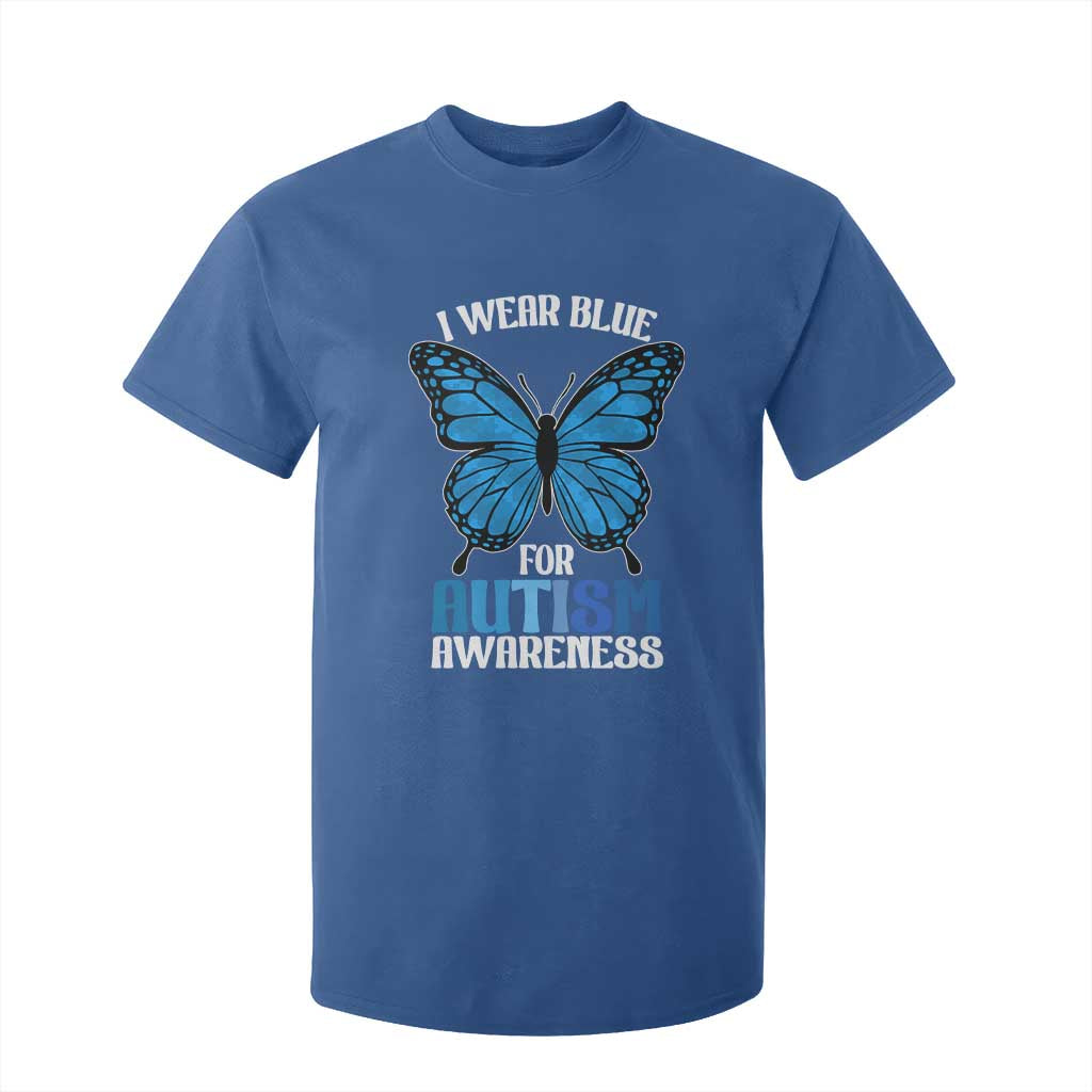 I Wear Blue For Autism Support T Shirt For Kid Blue Butterfly Puzzle Pieces