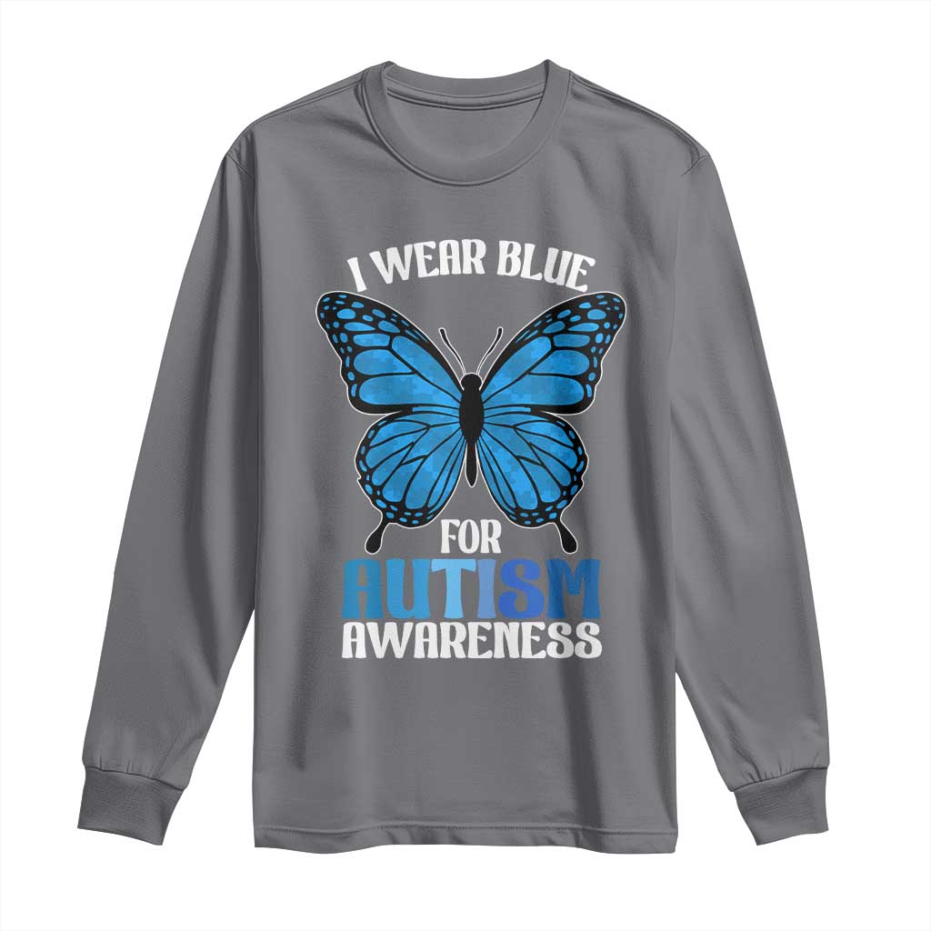 I Wear Blue For Autism Support Long Sleeve Shirt Blue Butterfly Puzzle Pieces