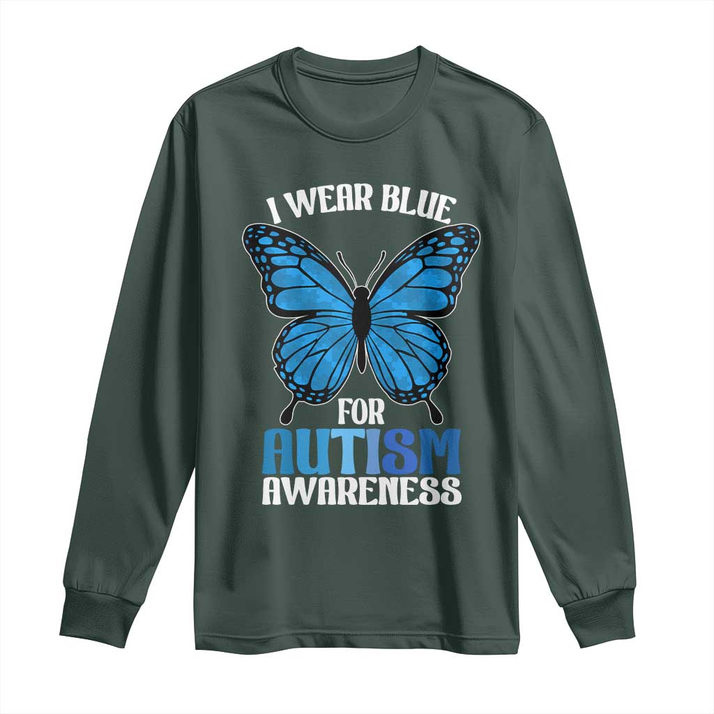 I Wear Blue For Autism Support Long Sleeve Shirt Blue Butterfly Puzzle Pieces