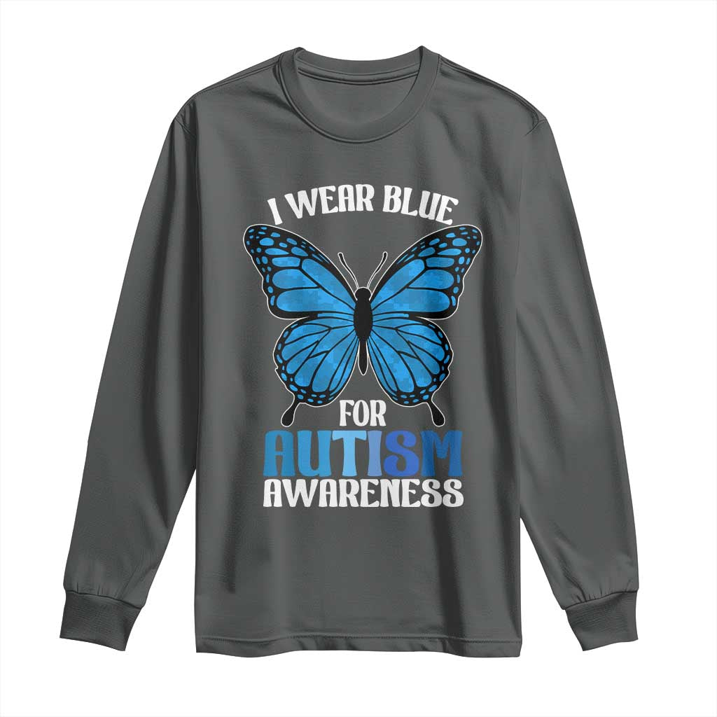 I Wear Blue For Autism Support Long Sleeve Shirt Blue Butterfly Puzzle Pieces