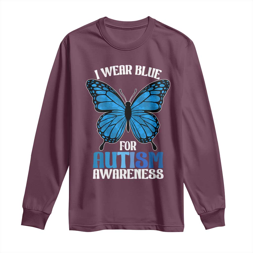 I Wear Blue For Autism Support Long Sleeve Shirt Blue Butterfly Puzzle Pieces