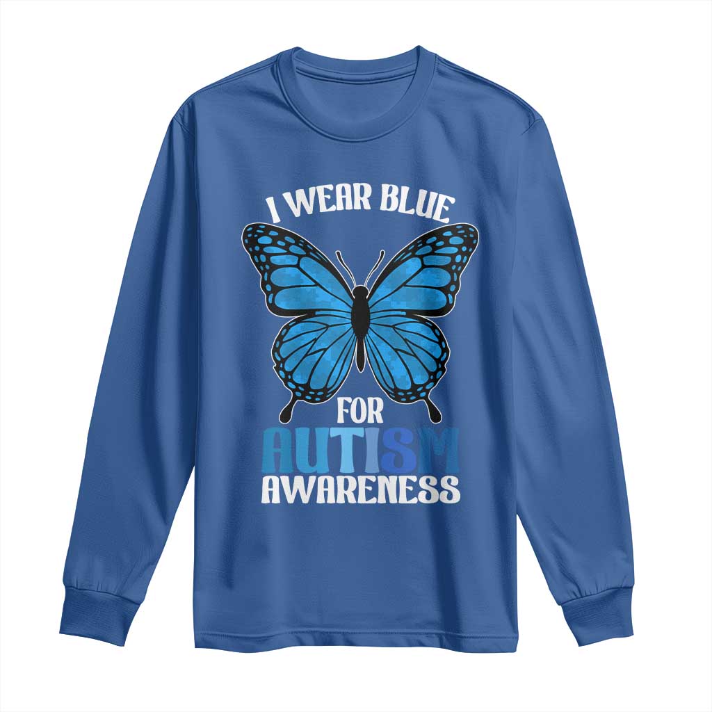 I Wear Blue For Autism Support Long Sleeve Shirt Blue Butterfly Puzzle Pieces