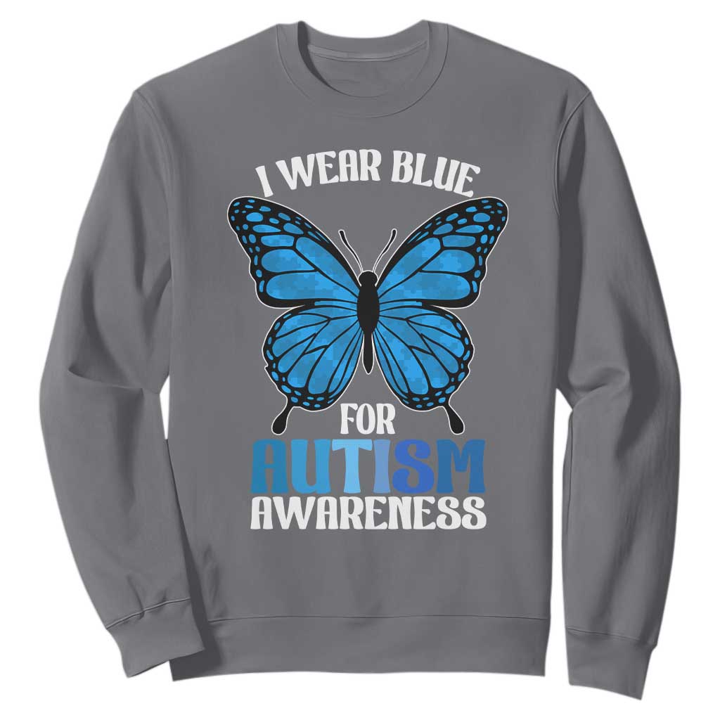 I Wear Blue For Autism Support Sweatshirt Blue Butterfly Puzzle Pieces