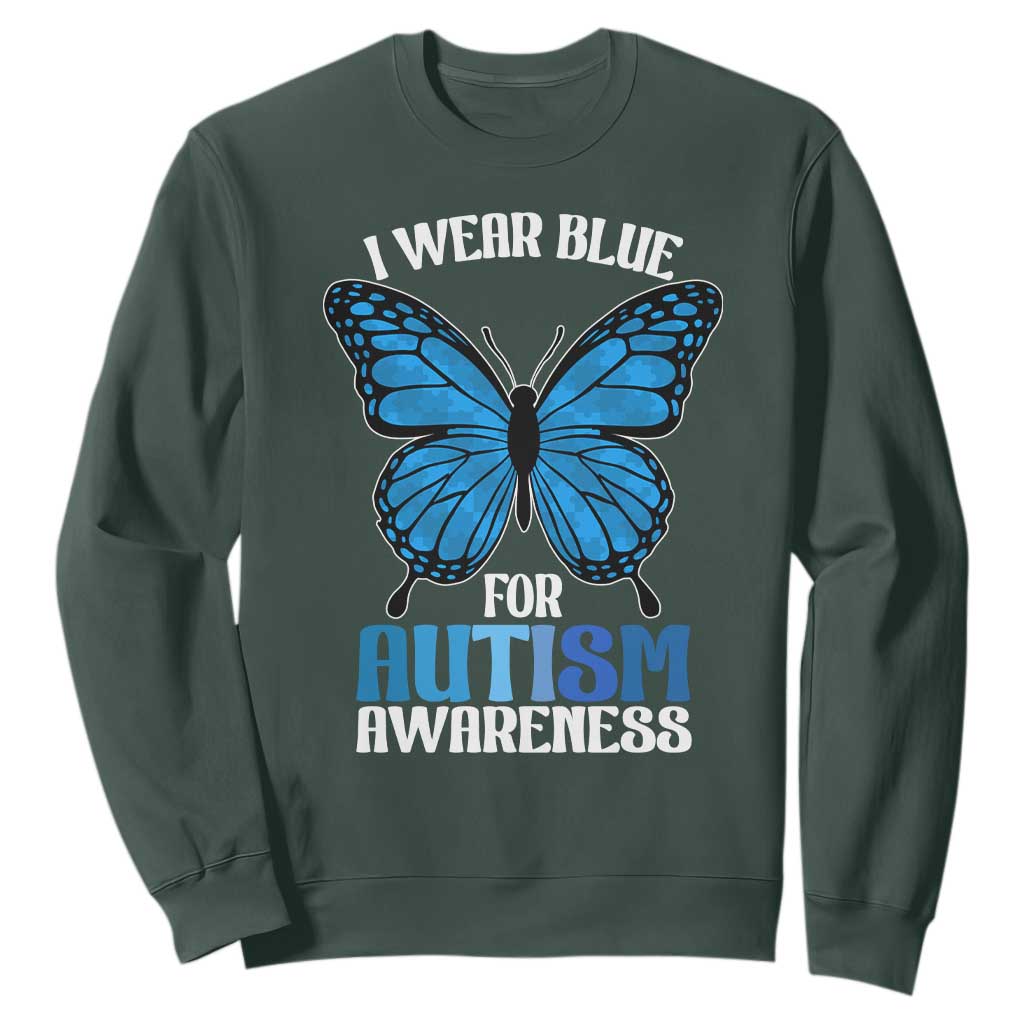 I Wear Blue For Autism Support Sweatshirt Blue Butterfly Puzzle Pieces