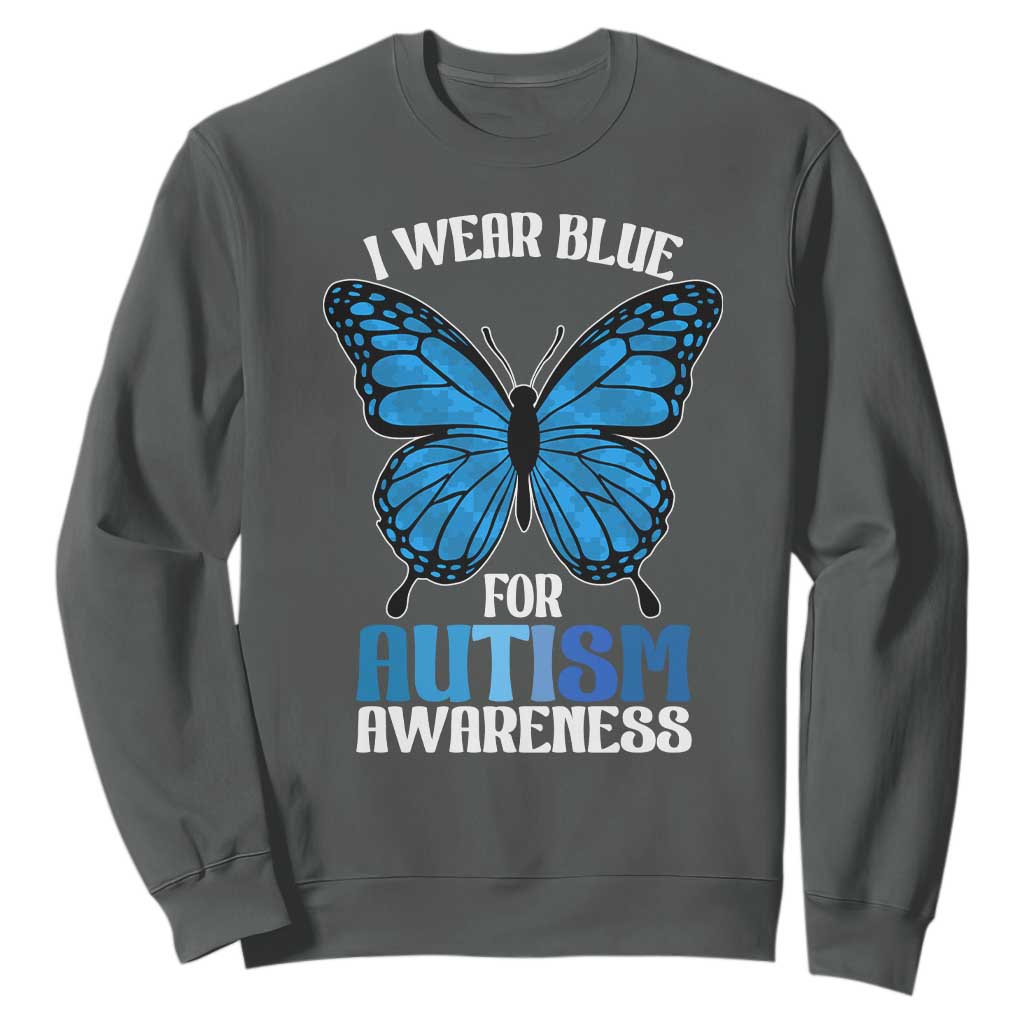 I Wear Blue For Autism Support Sweatshirt Blue Butterfly Puzzle Pieces