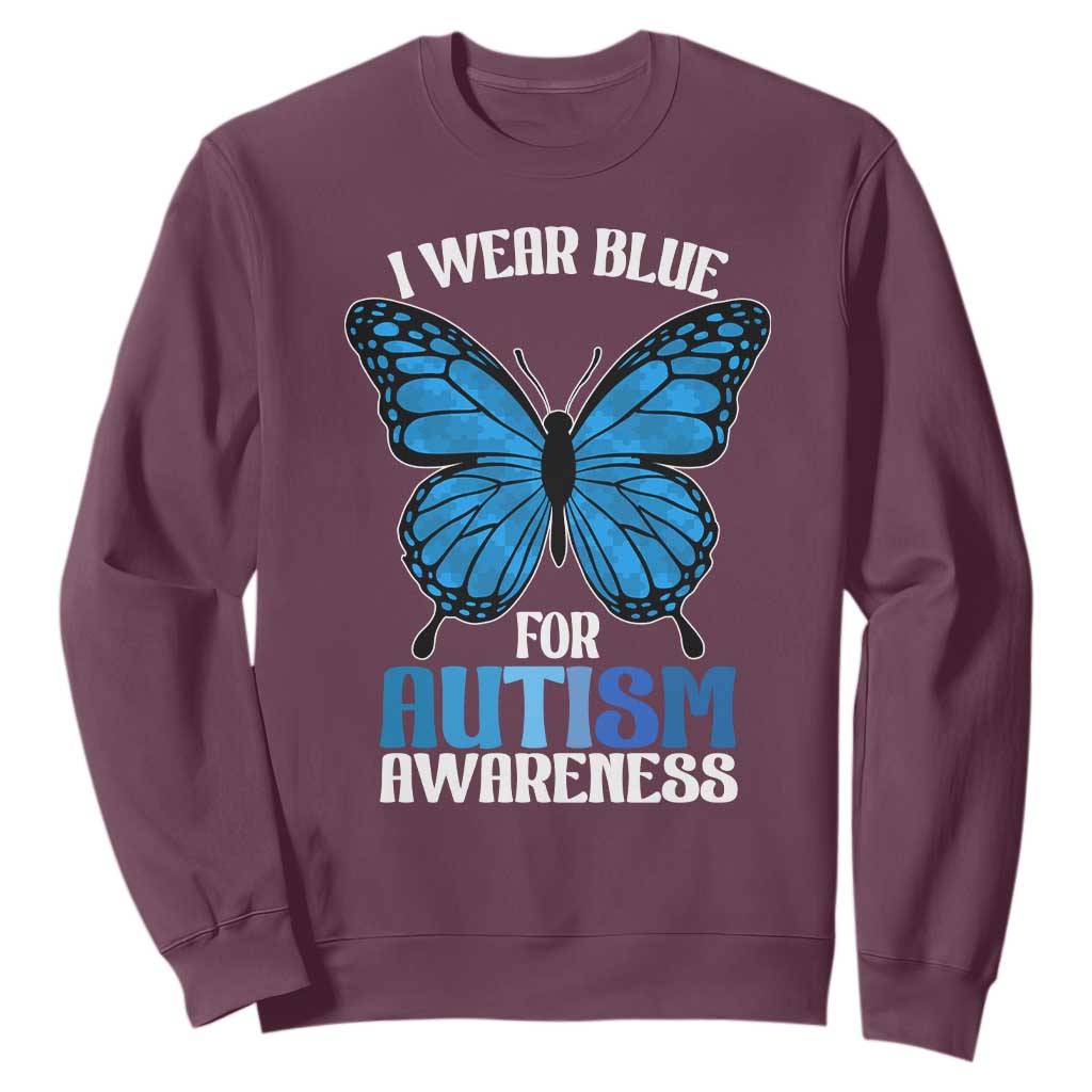 I Wear Blue For Autism Support Sweatshirt Blue Butterfly Puzzle Pieces
