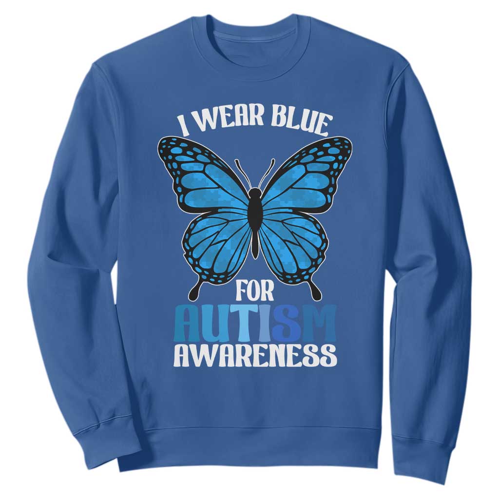 I Wear Blue For Autism Support Sweatshirt Blue Butterfly Puzzle Pieces