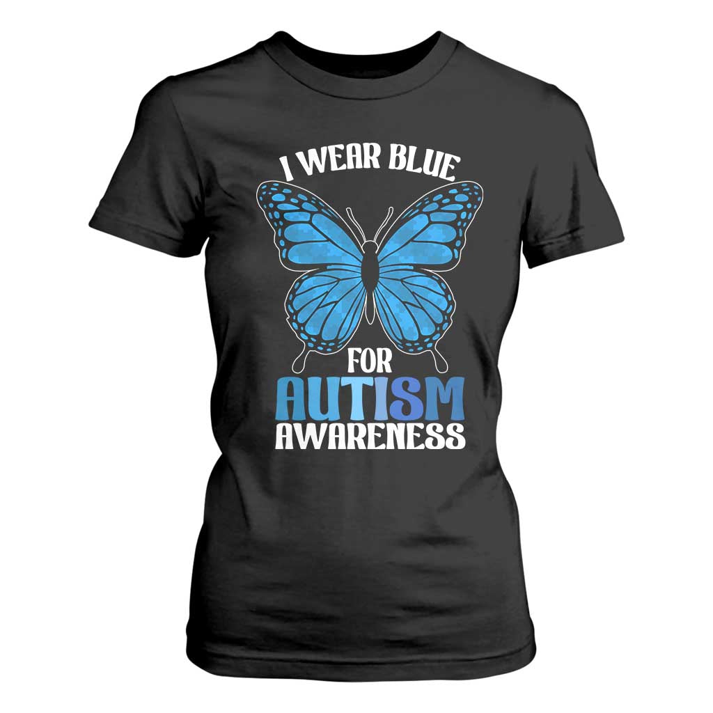 I Wear Blue For Autism Support T Shirt For Women Blue Butterfly Puzzle Pieces
