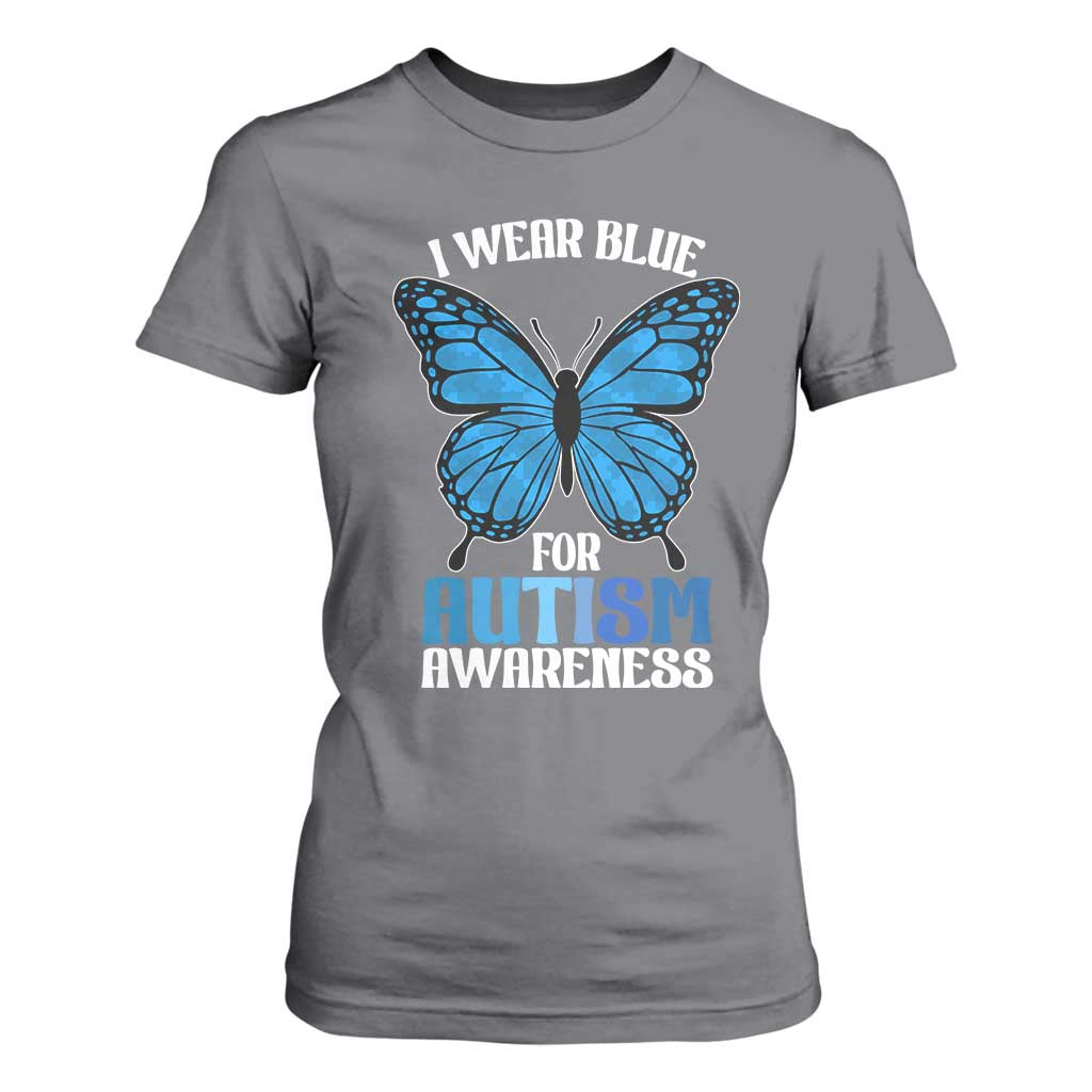 I Wear Blue For Autism Support T Shirt For Women Blue Butterfly Puzzle Pieces