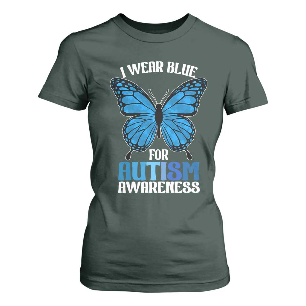 I Wear Blue For Autism Support T Shirt For Women Blue Butterfly Puzzle Pieces