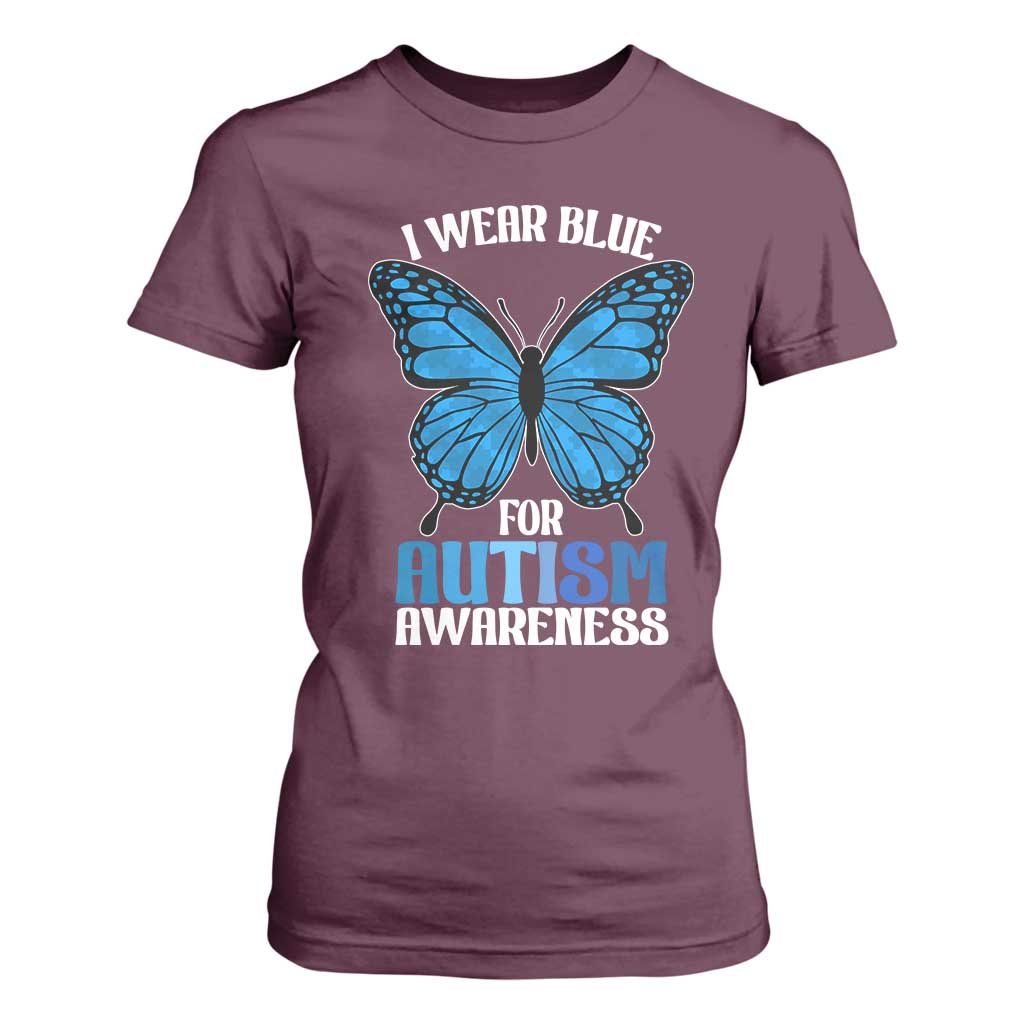 I Wear Blue For Autism Support T Shirt For Women Blue Butterfly Puzzle Pieces