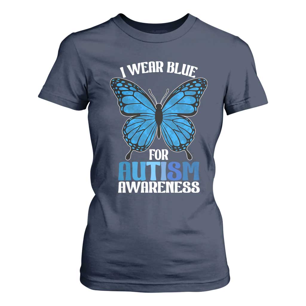 I Wear Blue For Autism Support T Shirt For Women Blue Butterfly Puzzle Pieces