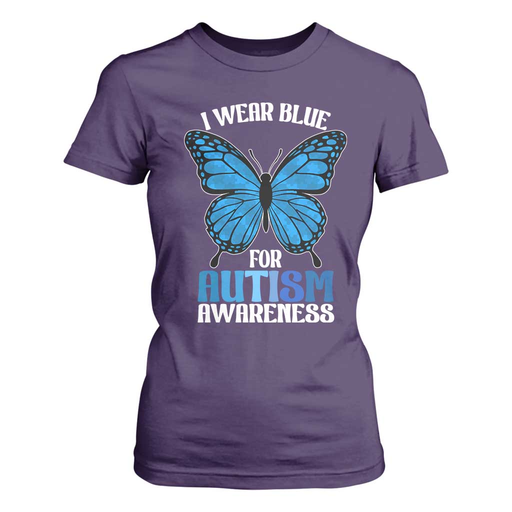 I Wear Blue For Autism Support T Shirt For Women Blue Butterfly Puzzle Pieces