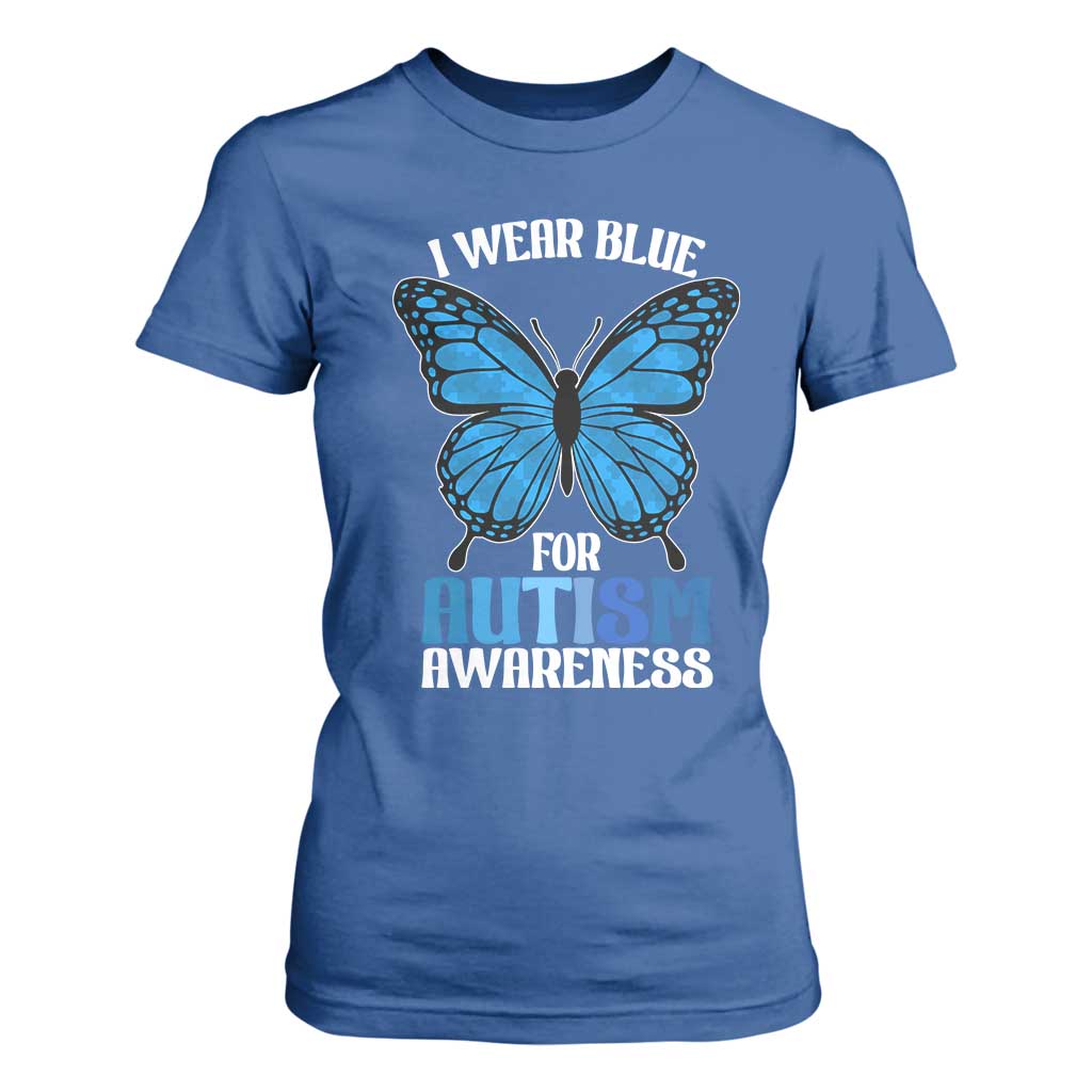 I Wear Blue For Autism Support T Shirt For Women Blue Butterfly Puzzle Pieces