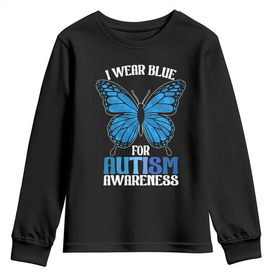 I Wear Blue For Autism Support Youth Sweatshirt Blue Butterfly Puzzle Pieces