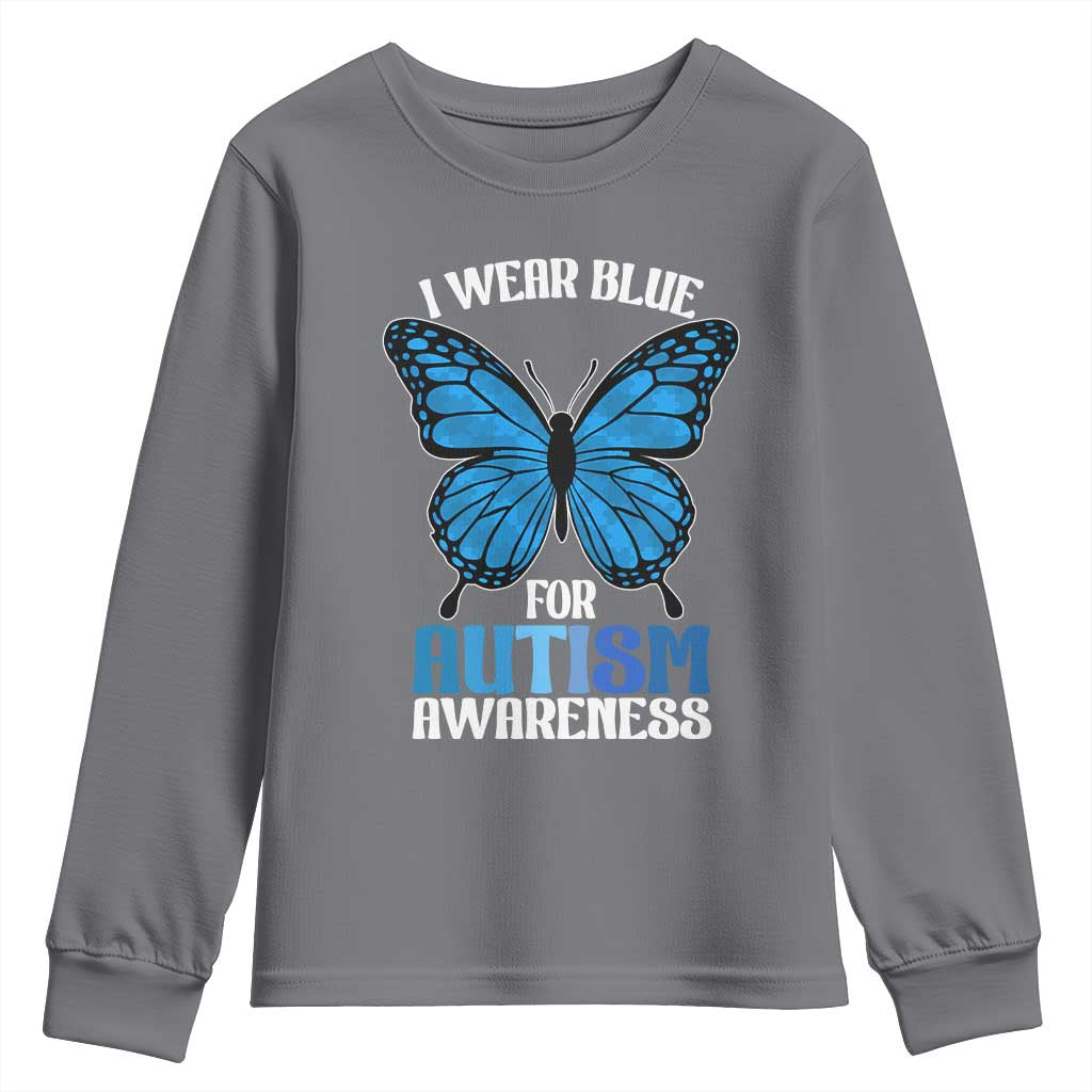 I Wear Blue For Autism Support Youth Sweatshirt Blue Butterfly Puzzle Pieces