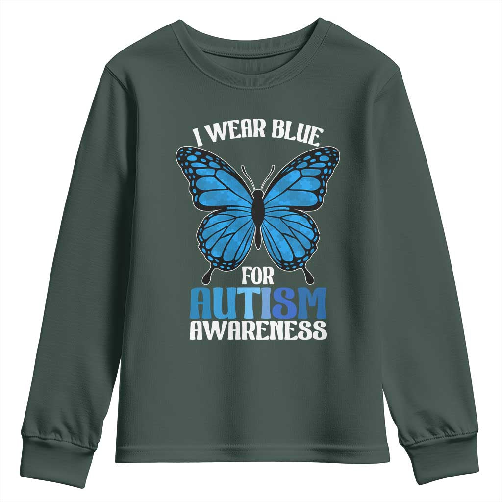 I Wear Blue For Autism Support Youth Sweatshirt Blue Butterfly Puzzle Pieces