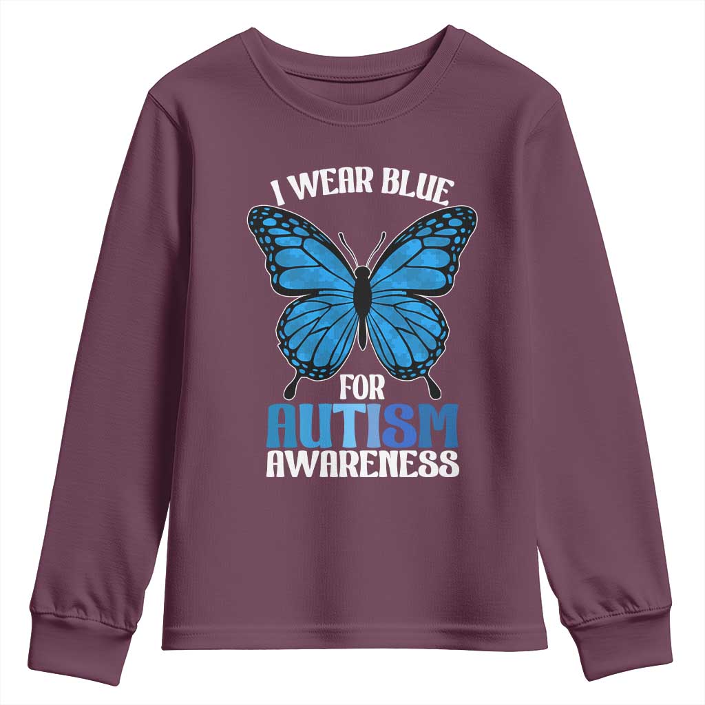 I Wear Blue For Autism Support Youth Sweatshirt Blue Butterfly Puzzle Pieces