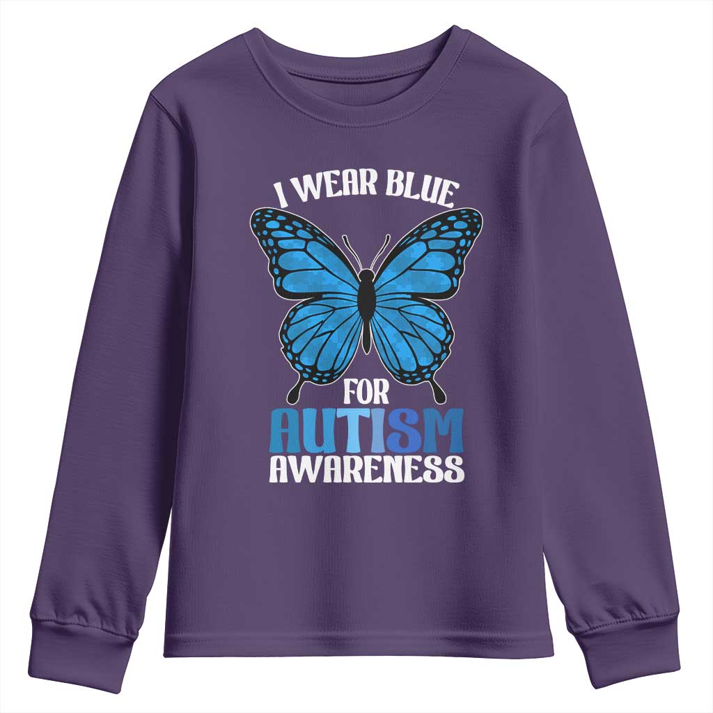 I Wear Blue For Autism Support Youth Sweatshirt Blue Butterfly Puzzle Pieces