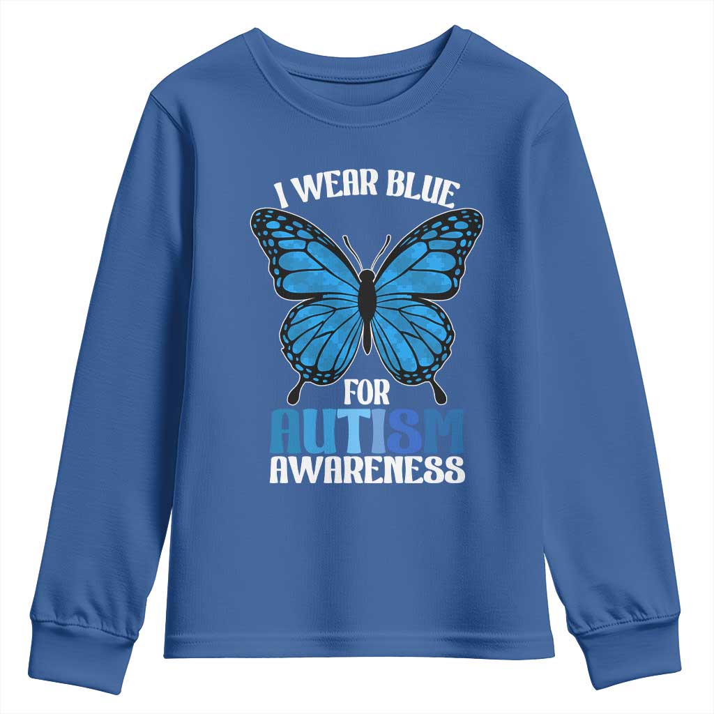 I Wear Blue For Autism Support Youth Sweatshirt Blue Butterfly Puzzle Pieces