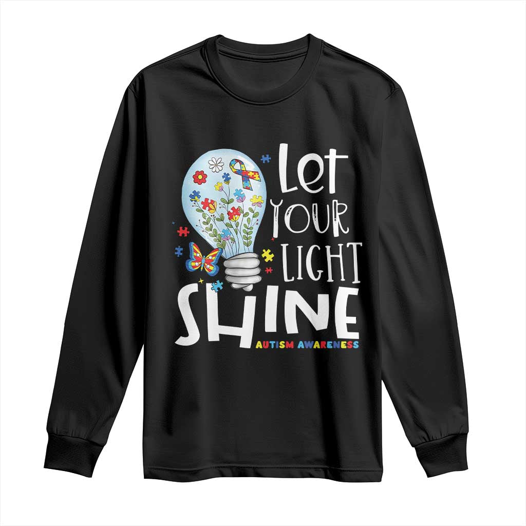 Autism Support Long Sleeve Shirt Let Your Light Shine Puzzle Ribbon Inspirational Quote
