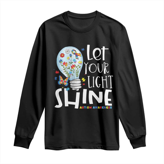 Autism Support Long Sleeve Shirt Let Your Light Shine Puzzle Ribbon Inspirational Quote