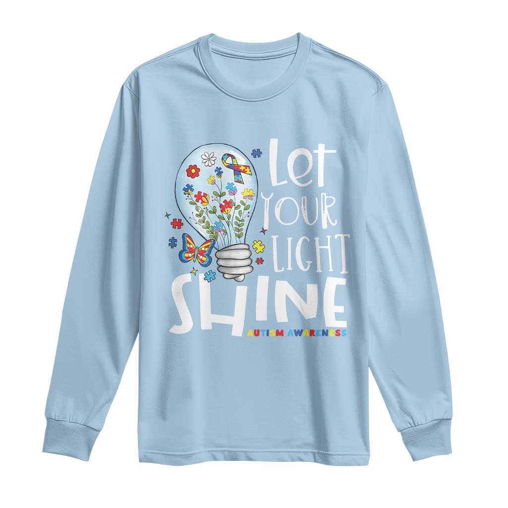 Autism Support Long Sleeve Shirt Let Your Light Shine Puzzle Ribbon Inspirational Quote