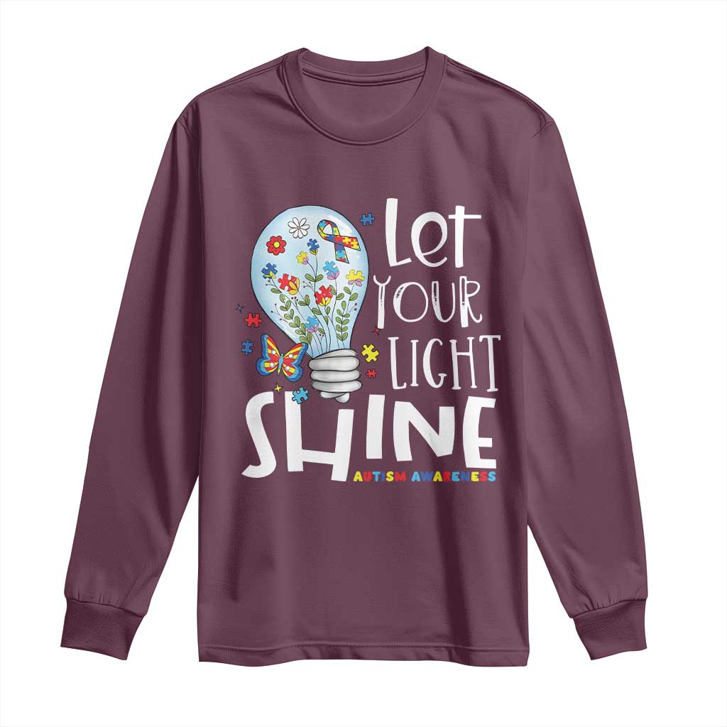 Autism Support Long Sleeve Shirt Let Your Light Shine Puzzle Ribbon Inspirational Quote
