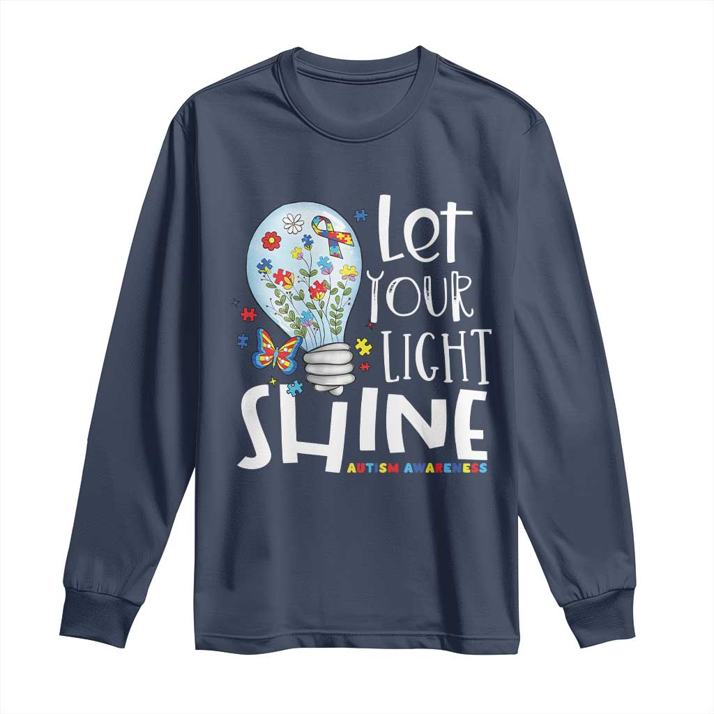 Autism Support Long Sleeve Shirt Let Your Light Shine Puzzle Ribbon Inspirational Quote