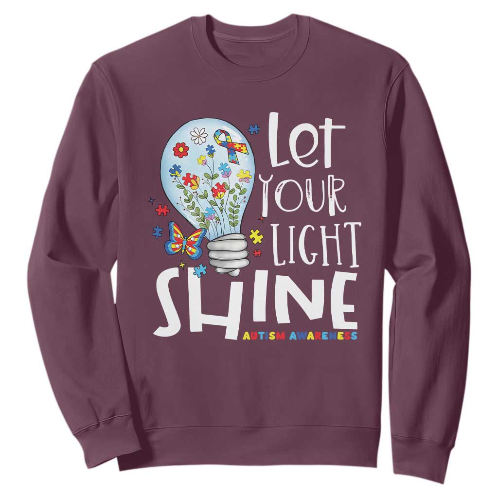 Autism Support Sweatshirt Let Your Light Shine Puzzle Ribbon Inspirational Quote